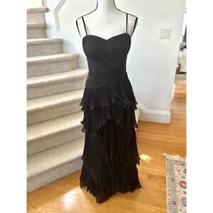 Dalia MacPhee Black Sweetheart Ruched Tiered Ruffle Sleeveless Maxi Gown